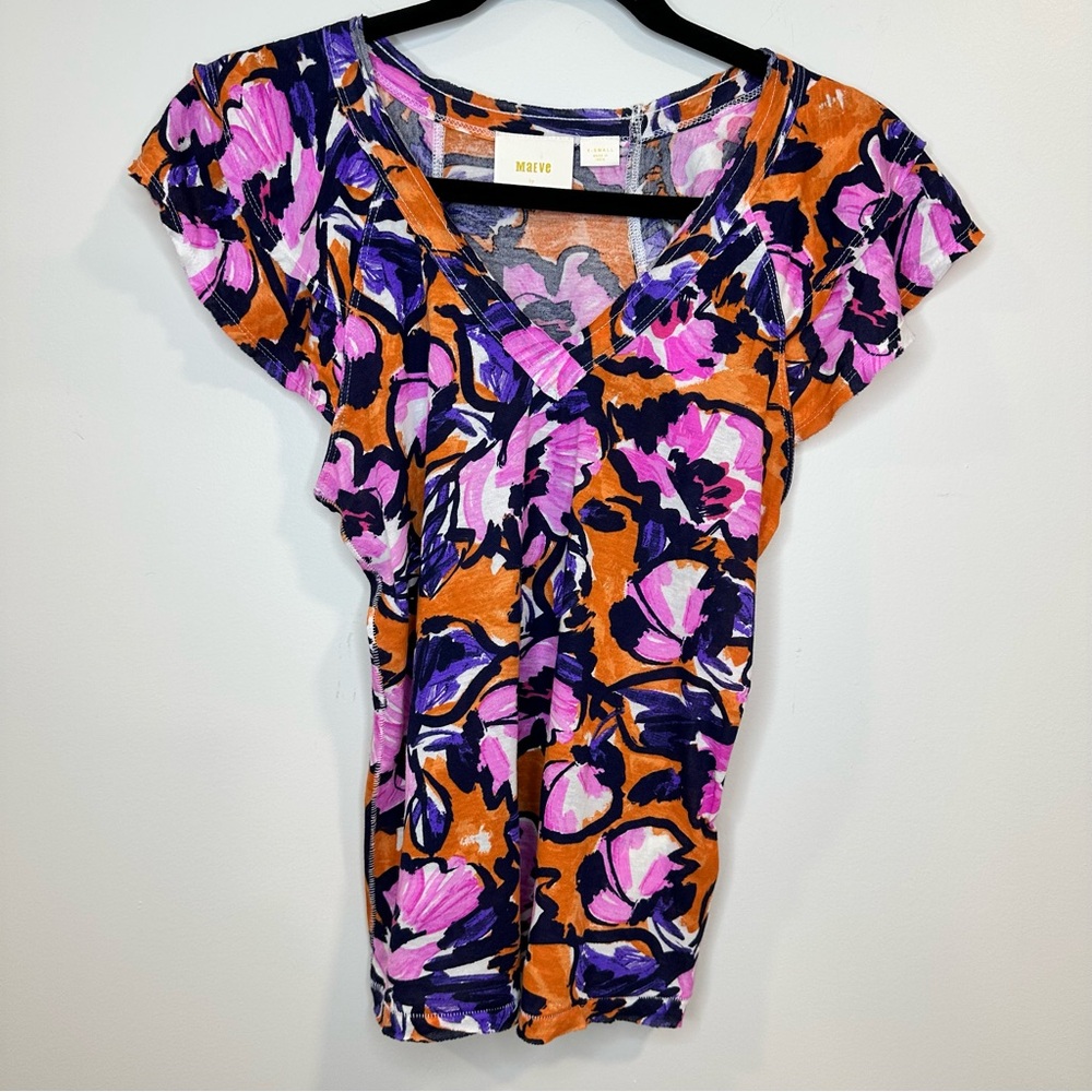 Anthropologie Maeve Floral Catie Ruffle-Sleeved Tee Shirt Women’s Blouse Size S